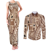 Samoa Tapa Couples Matching Tank Maxi Dress and Long Sleeve Button Shirt Siapo Mix Tatau Patterns LT7 Beige - Polynesian Pride