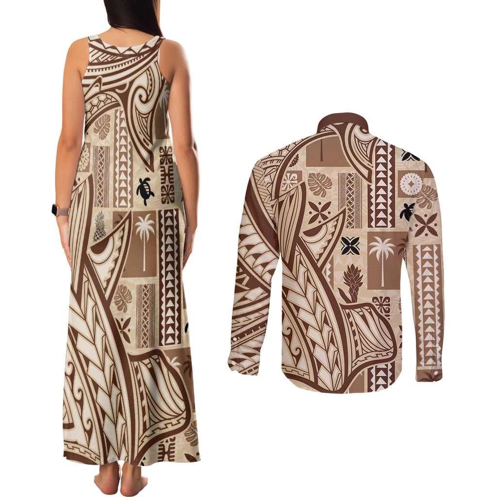 Samoa Tapa Couples Matching Tank Maxi Dress and Long Sleeve Button Shirt Siapo Mix Tatau Patterns LT7 - Polynesian Pride