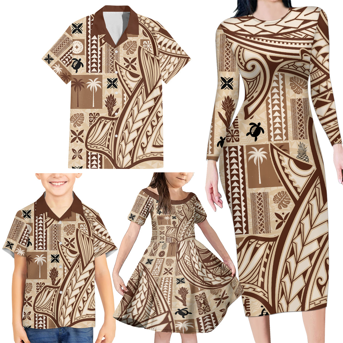 samoa-tapa-family-matching-long-sleeve-bodycon-dress-and-hawaiian-shirt-siapo-mix-tatau-patterns