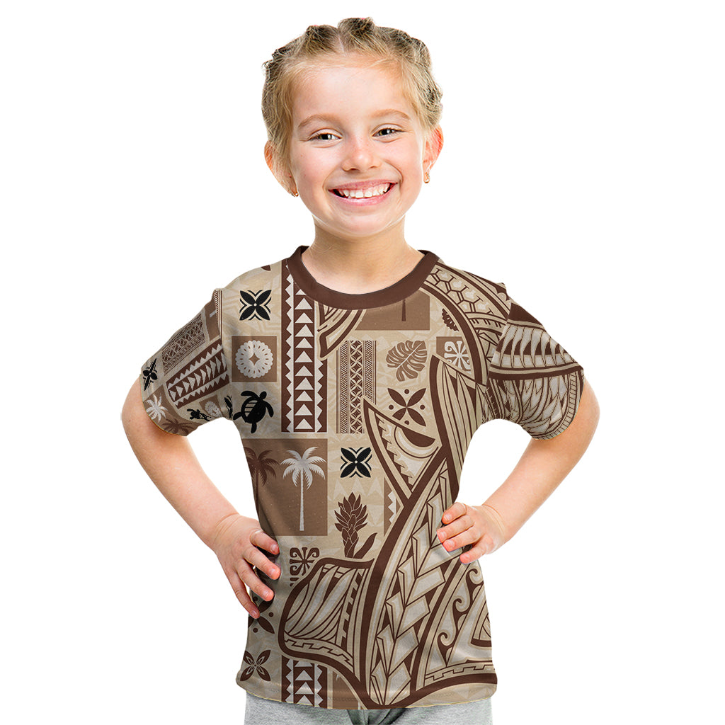 Samoa Tapa Kid T Shirt Siapo Mix Tatau Patterns LT7 Beige - Polynesian Pride