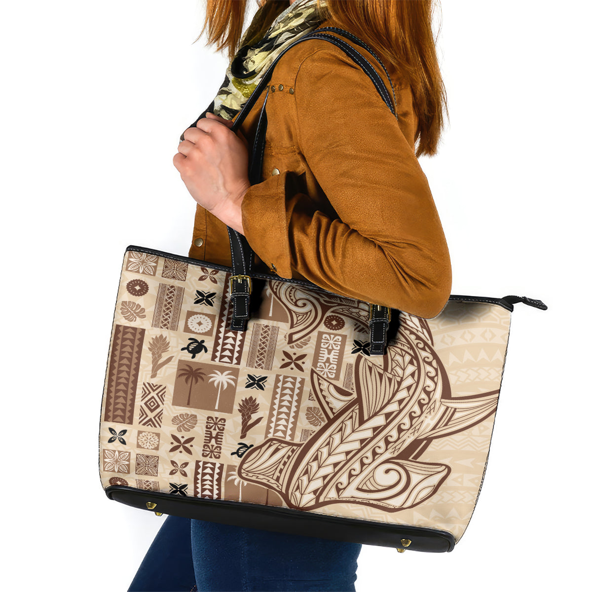 Samoa Tapa Leather Tote Bag - Siapo Mix Tatau Patterns LT7 Beige - Polynesian Pride