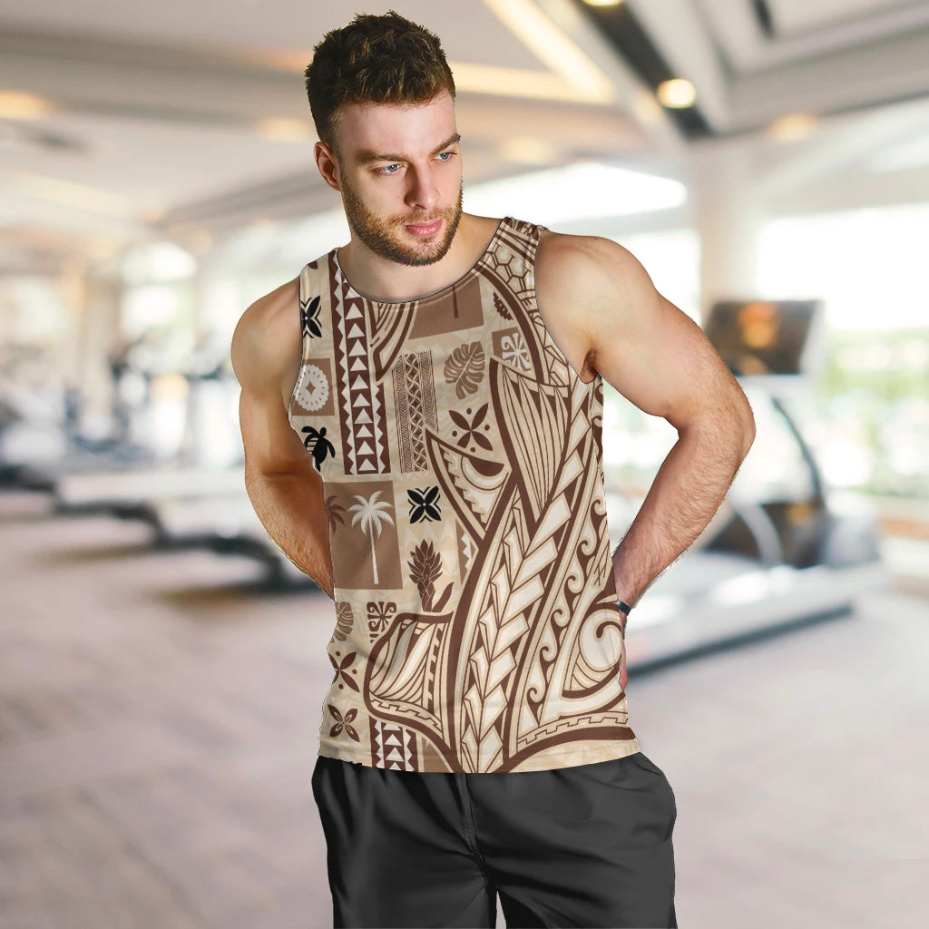 Samoa Tapa Men Tank Top Siapo Mix Tatau Patterns LT7 Beige - Polynesian Pride