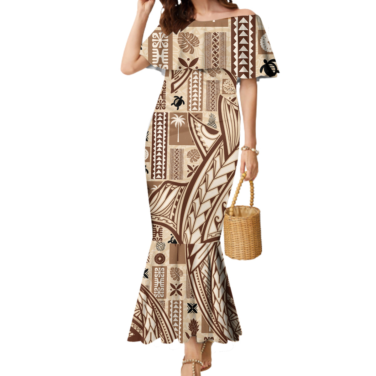 Samoa Tapa Mermaid Dress Siapo Mix Tatau Patterns LT7 Women Beige - Polynesian Pride