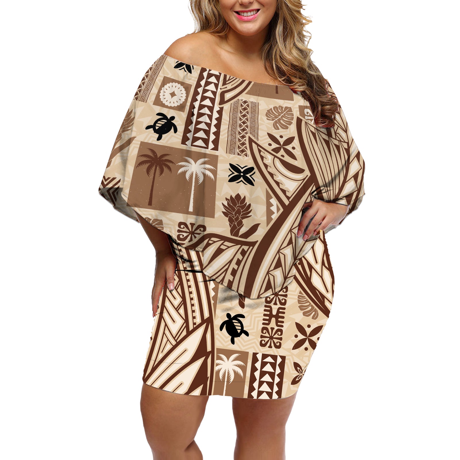 Samoa Tapa Off Shoulder Short Dress Siapo Mix Tatau Patterns LT7 Women Beige - Polynesian Pride