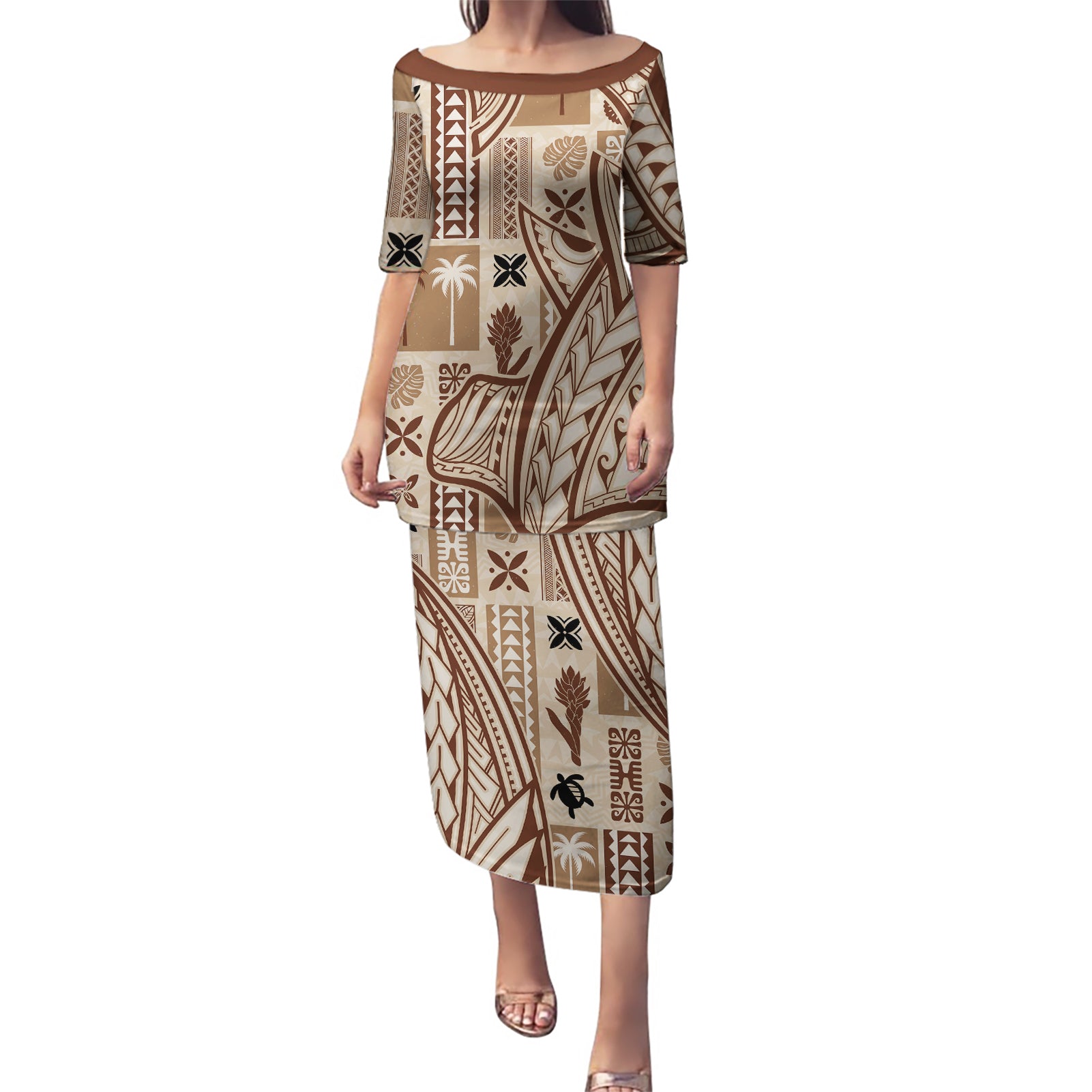 Samoa Tapa Puletasi Siapo Mix Tatau Patterns LT7 Long Dress Beige - Polynesian Pride