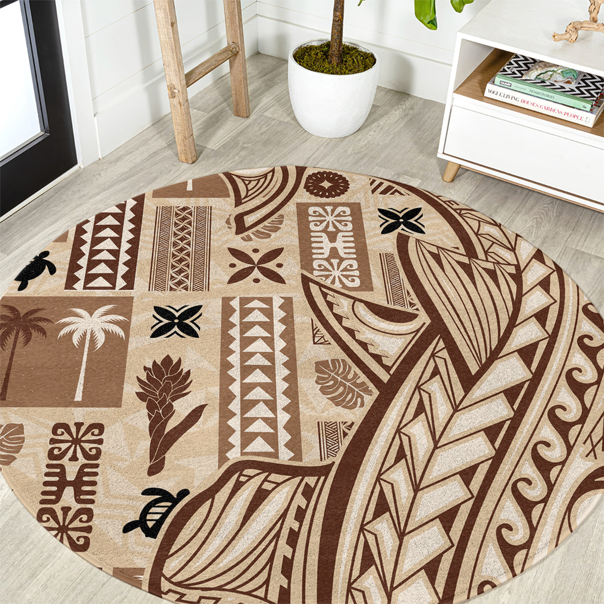 Samoa Tapa Round Carpet Siapo Mix Tatau Patterns LT7 Beige - Polynesian Pride