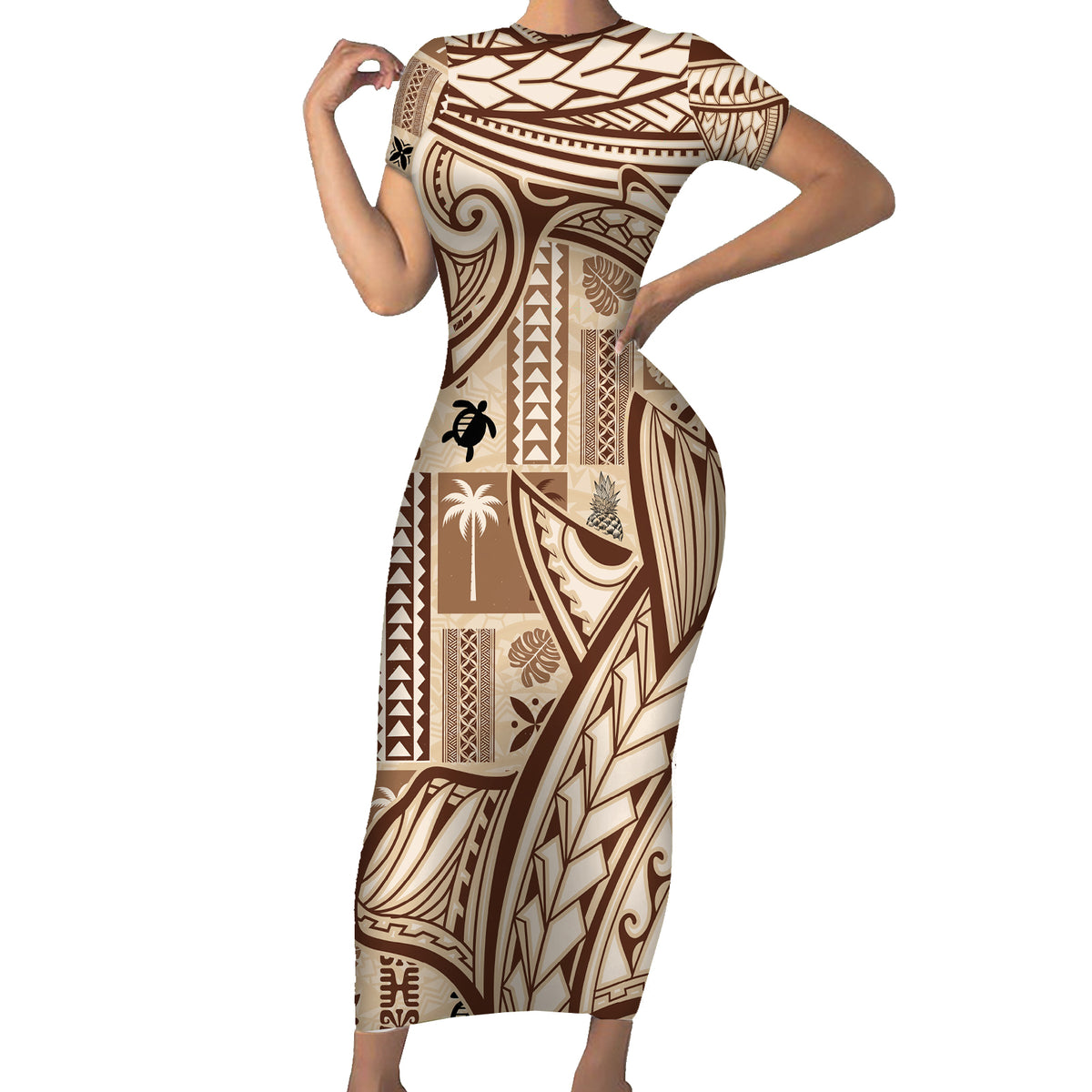Samoa Tapa Short Sleeve Bodycon Dress Siapo Mix Tatau Patterns LT7 Long Dress Beige - Polynesian Pride
