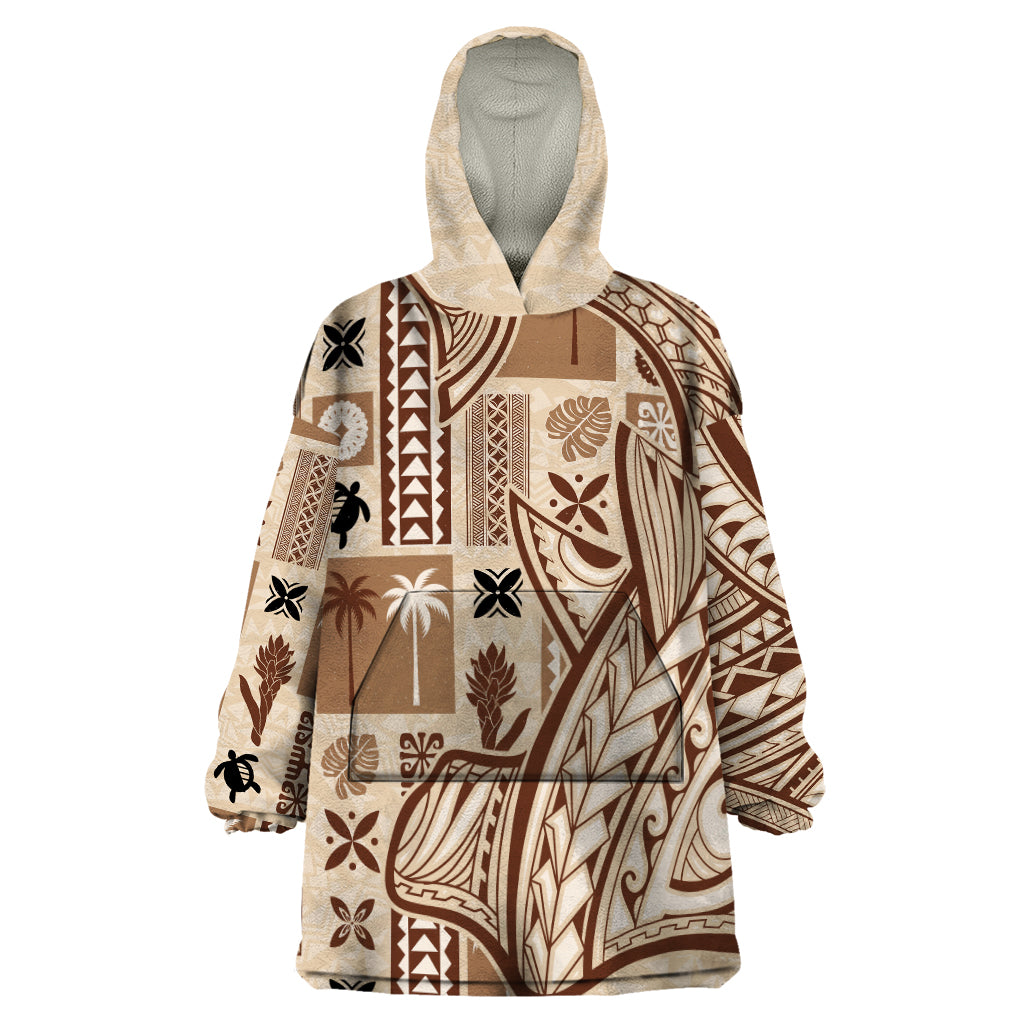 Samoa Tapa Wearable Blanket Hoodie Siapo Mix Tatau Patterns LT7 One Size Beige - Polynesian Pride