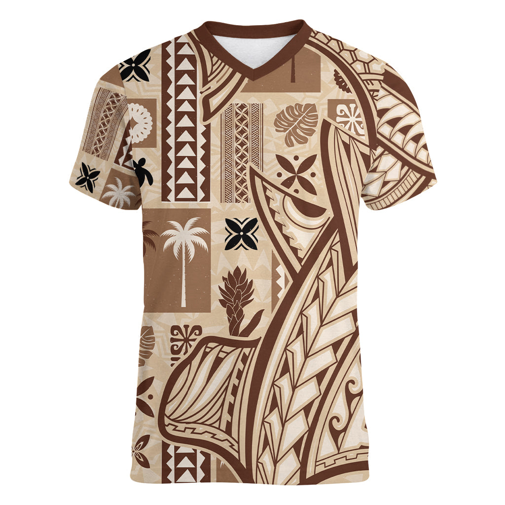 Samoa Tapa Women V Neck T Shirt Siapo Mix Tatau Patterns LT7 Female Beige - Polynesian Pride