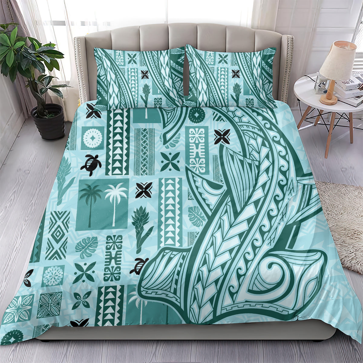 Samoa Tapa Bedding Set Siapo Mix Tatau Patterns - Teal LT7 - Polynesian Pride