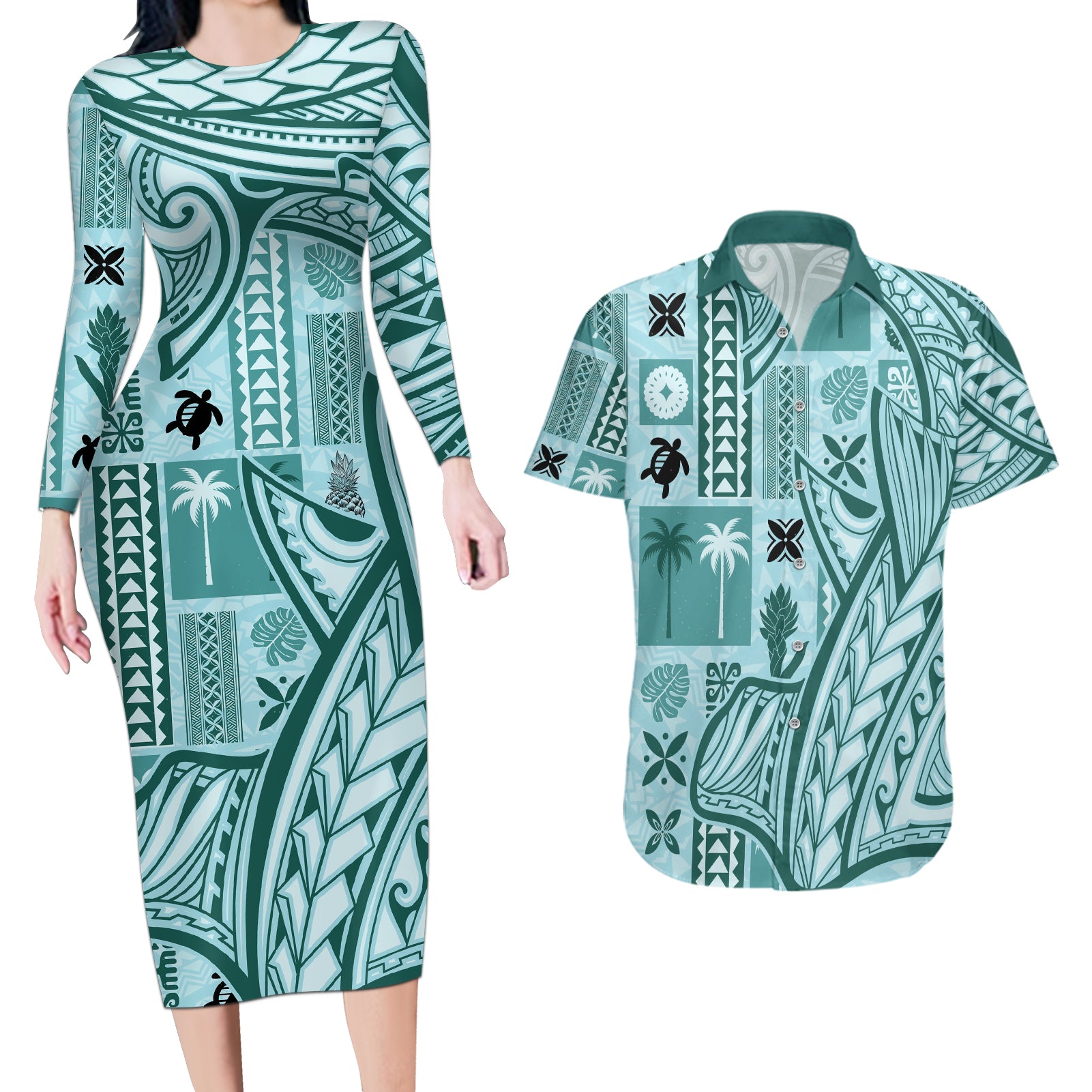 Samoa Tapa Couples Matching Long Sleeve Bodycon Dress and Hawaiian Shirt Siapo Mix Tatau Patterns - Teal LT7 Teal - Polynesian Pride