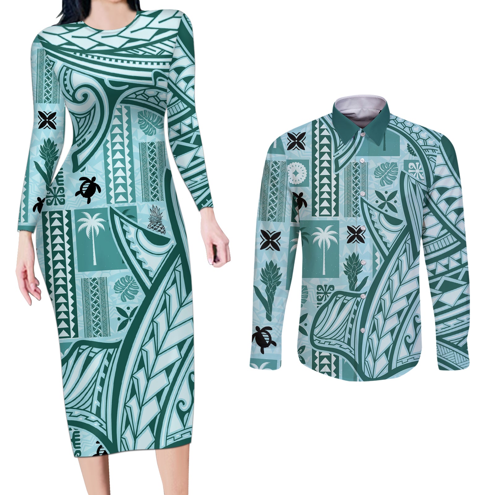 Samoa Tapa Couples Matching Long Sleeve Bodycon Dress and Long Sleeve Button Shirt Siapo Mix Tatau Patterns - Teal LT7 Teal - Polynesian Pride