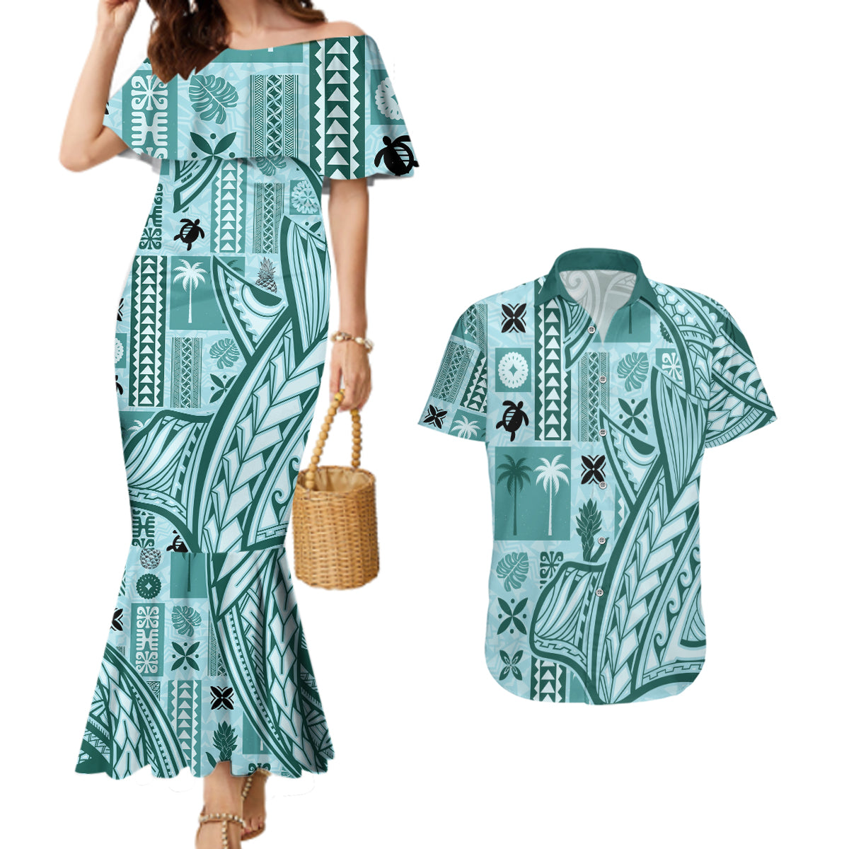 Samoa Tapa Couples Matching Mermaid Dress and Hawaiian Shirt Siapo Mix Tatau Patterns - Teal LT7 Teal - Polynesian Pride