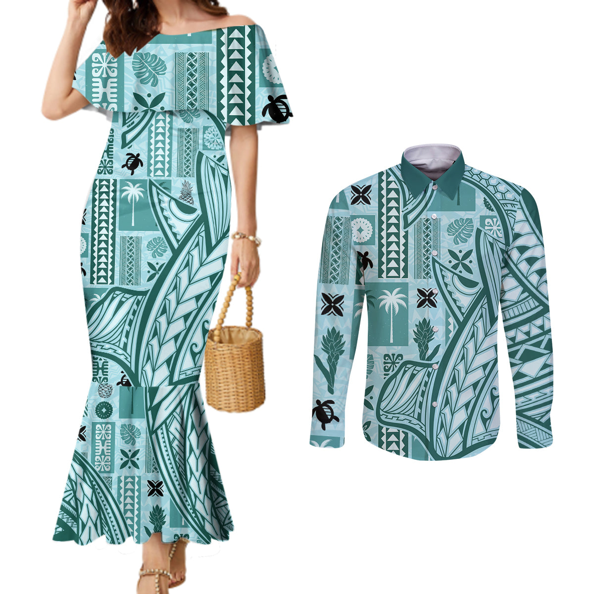 Samoa Tapa Couples Matching Mermaid Dress and Long Sleeve Button Shirt Siapo Mix Tatau Patterns - Teal LT7 Teal - Polynesian Pride