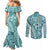 Samoa Tapa Couples Matching Mermaid Dress and Long Sleeve Button Shirt Siapo Mix Tatau Patterns - Teal LT7 - Polynesian Pride