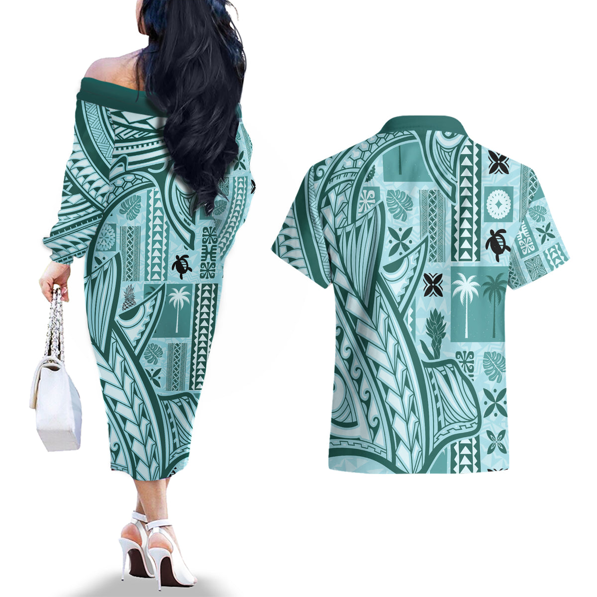 Samoa Tapa Couples Matching Off The Shoulder Long Sleeve Dress and Hawaiian Shirt Siapo Mix Tatau Patterns - Teal LT7 - Polynesian Pride