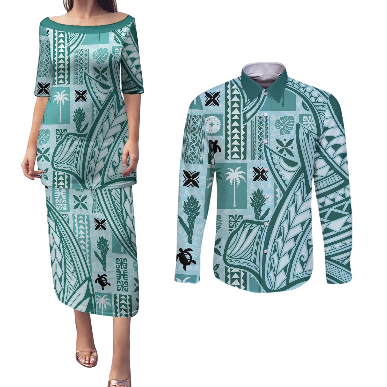 Samoa Tapa Couples Matching Puletasi Dress and Long Sleeve Button Shirt Siapo Mix Tatau Patterns - Teal LT7 Teal - Polynesian Pride