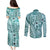 Samoa Tapa Couples Matching Puletasi Dress and Long Sleeve Button Shirt Siapo Mix Tatau Patterns - Teal LT7 - Polynesian Pride