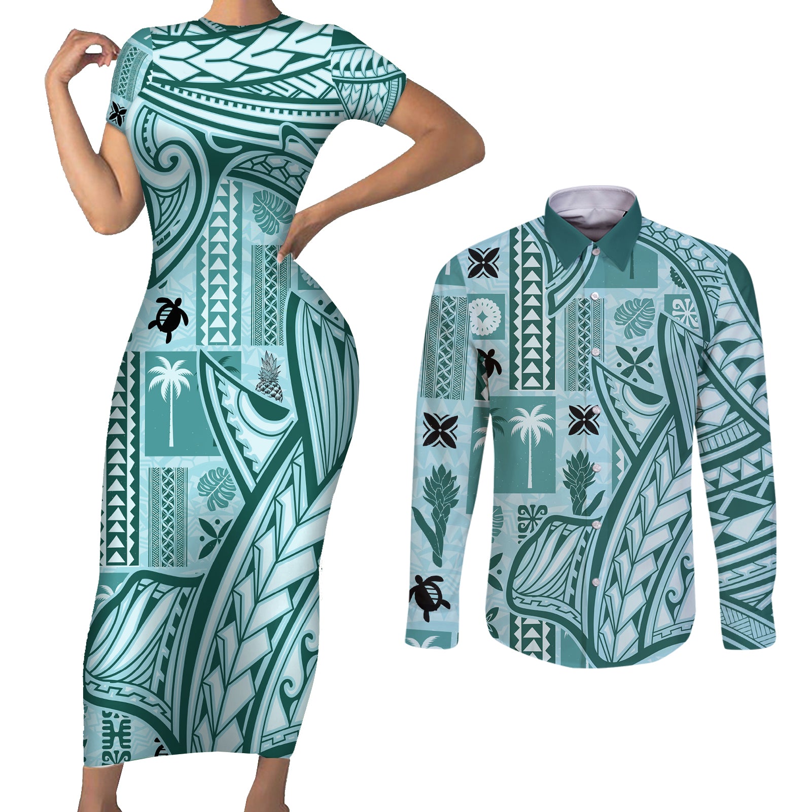 Samoa Tapa Couples Matching Short Sleeve Bodycon Dress and Long Sleeve Button Shirt Siapo Mix Tatau Patterns - Teal LT7 Teal - Polynesian Pride