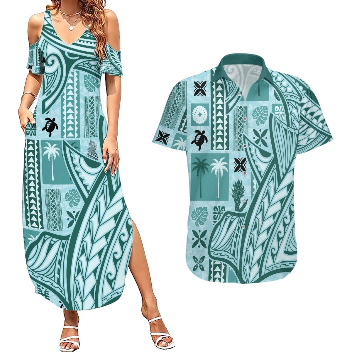 Samoa Tapa Couples Matching Summer Maxi Dress and Hawaiian Shirt Siapo Mix Tatau Patterns - Teal LT7 Teal - Polynesian Pride