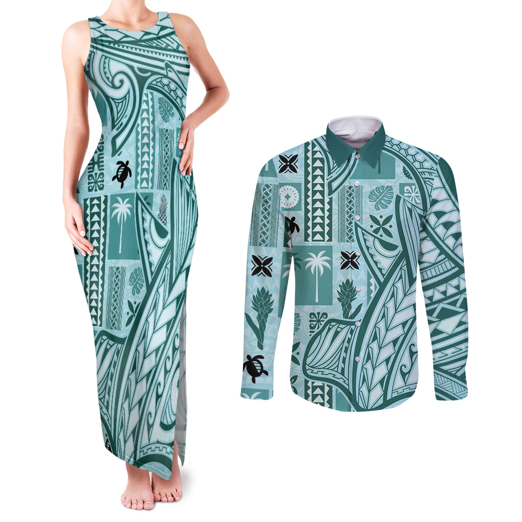 Samoa Tapa Couples Matching Tank Maxi Dress and Long Sleeve Button Shirt Siapo Mix Tatau Patterns - Teal LT7 Teal - Polynesian Pride