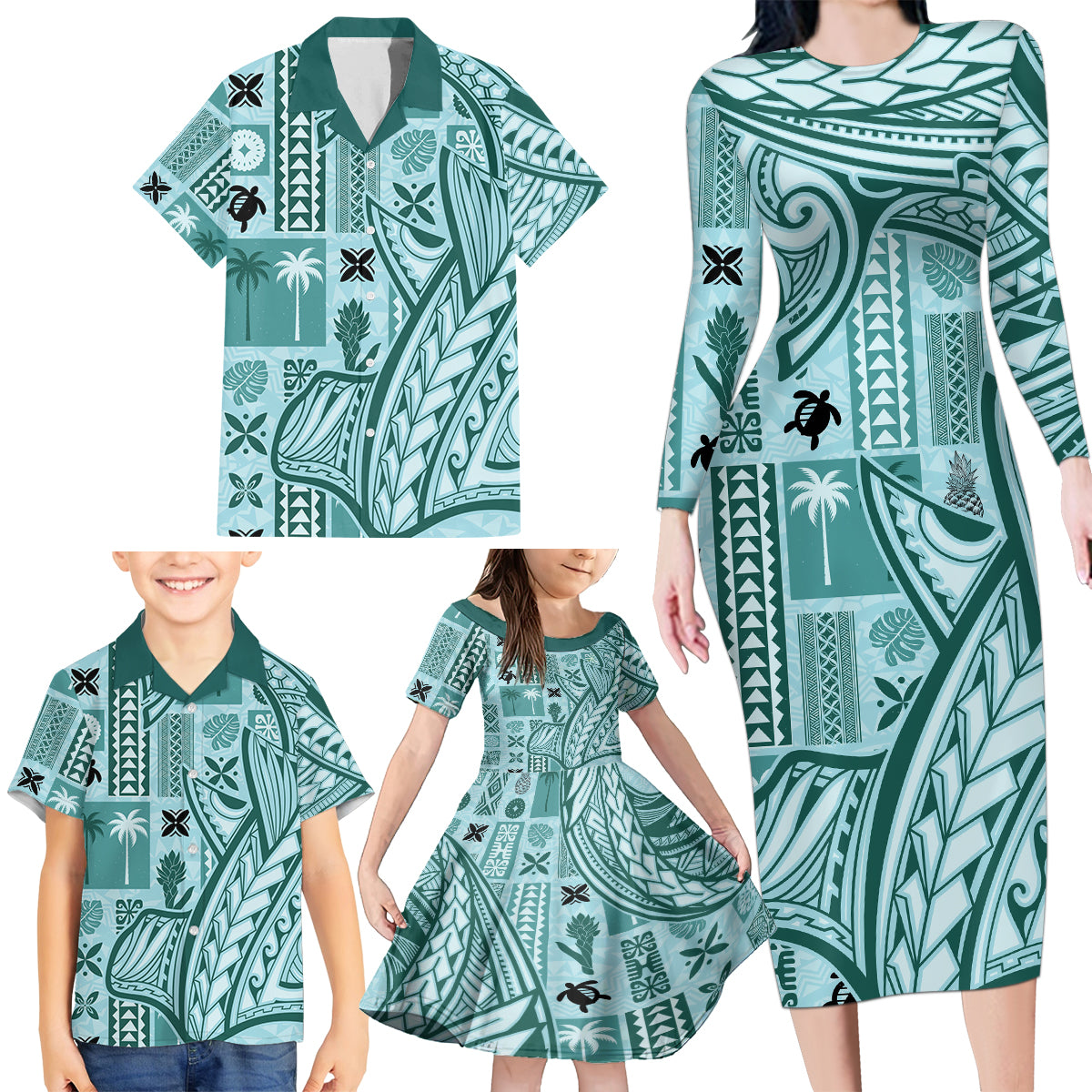 Samoa Tapa Family Matching Long Sleeve Bodycon Dress and Hawaiian Shirt Siapo Mix Tatau Patterns - Teal LT7 - Polynesian Pride