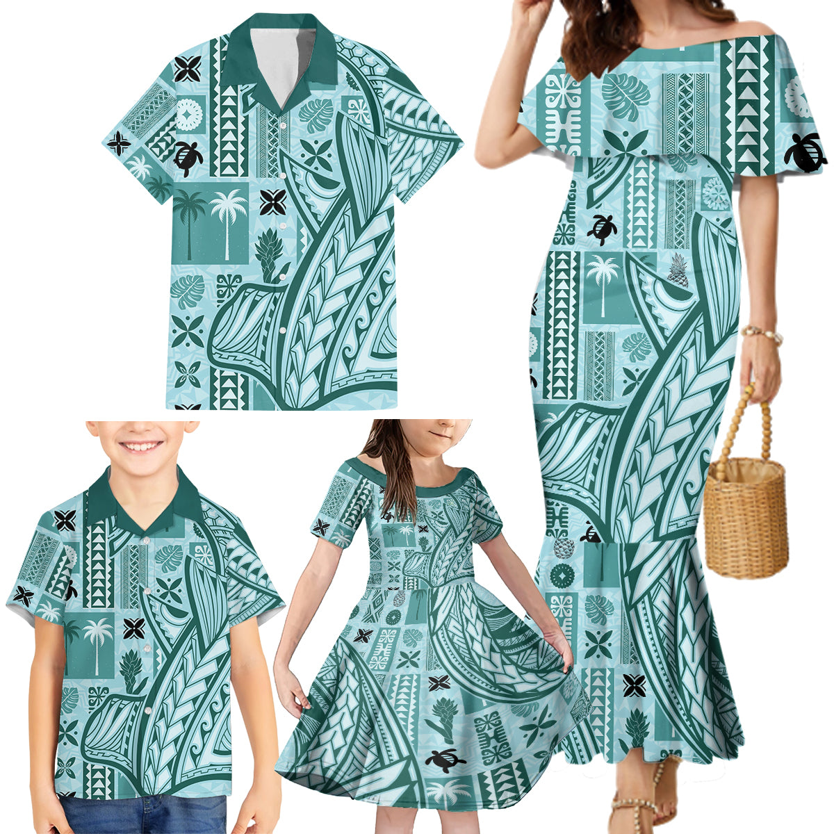 Samoa Tapa Family Matching Mermaid Dress and Hawaiian Shirt Siapo Mix Tatau Patterns - Teal LT7 - Polynesian Pride