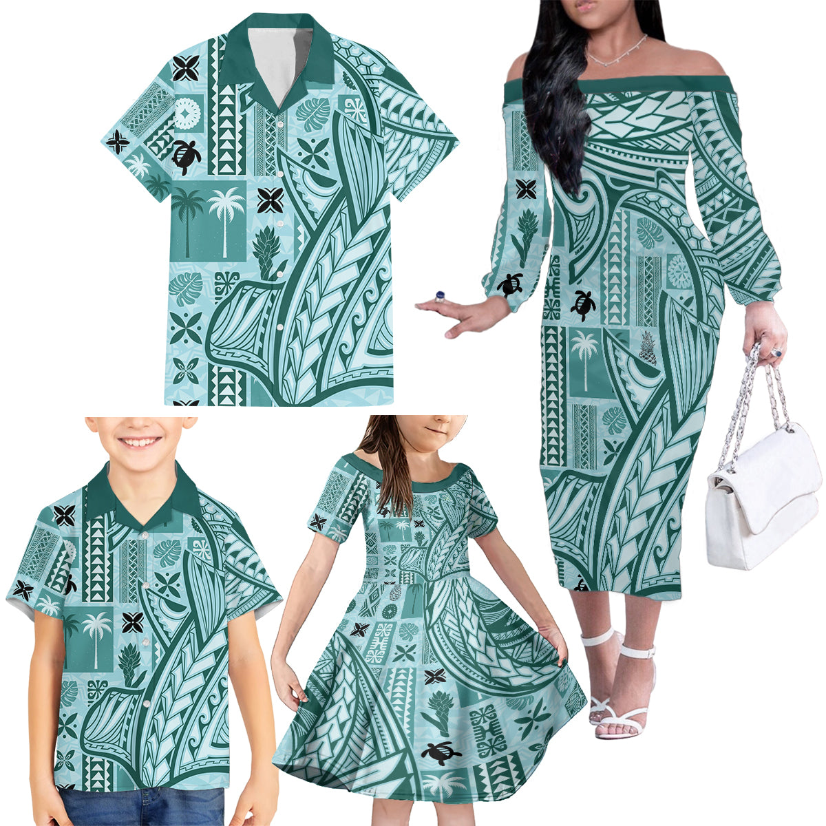 Samoa Tapa Family Matching Off Shoulder Long Sleeve Dress and Hawaiian Shirt Siapo Mix Tatau Patterns - Teal LT7 - Polynesian Pride