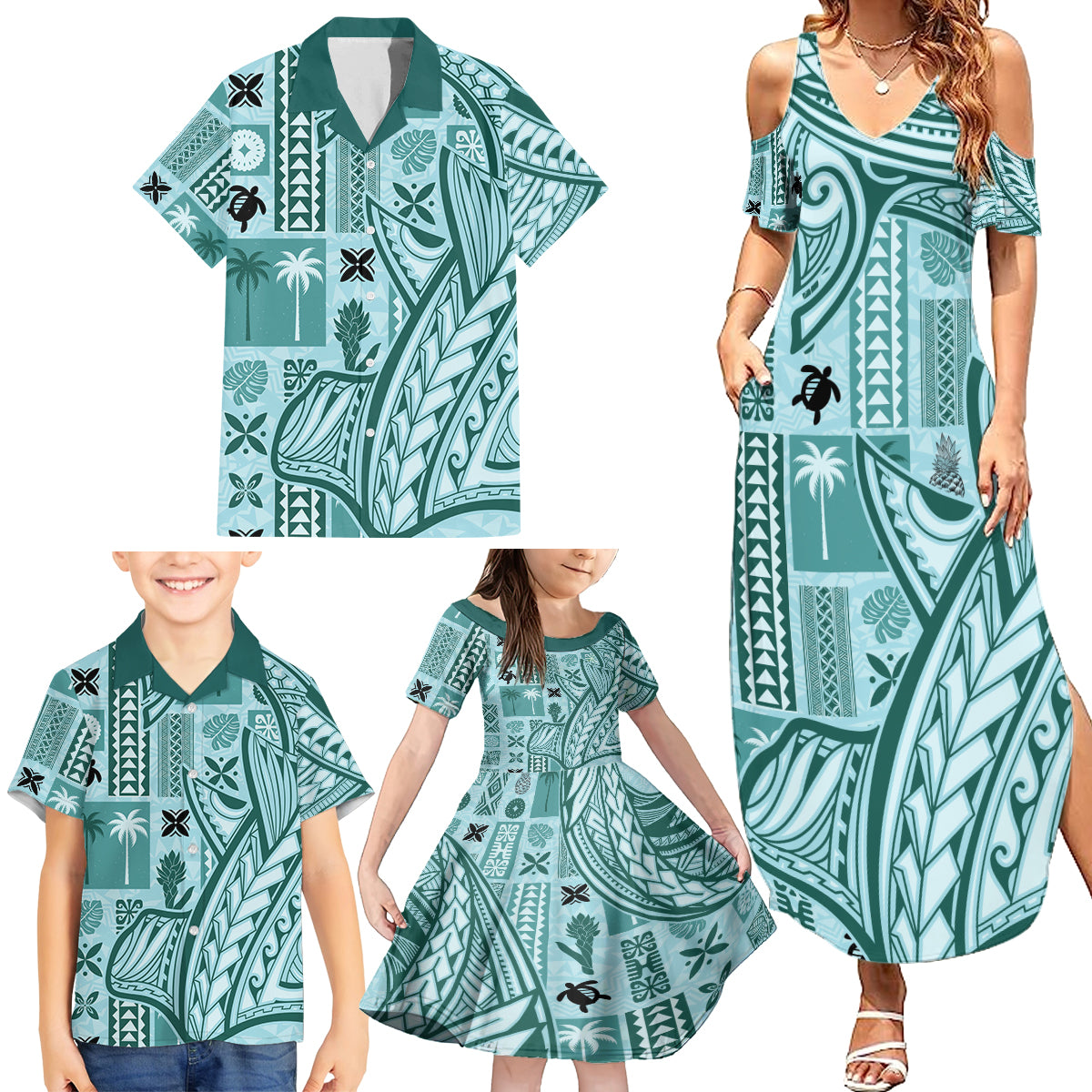 Samoa Tapa Family Matching Summer Maxi Dress and Hawaiian Shirt Siapo Mix Tatau Patterns - Teal LT7 - Polynesian Pride