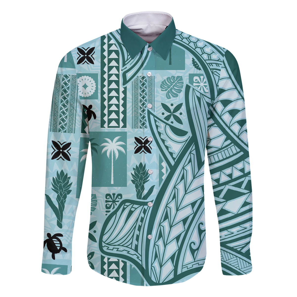 Samoa Tapa Family Matching Summer Maxi Dress and Hawaiian Shirt Siapo Mix Tatau Patterns - Teal LT7 Dad's Shirt - Long Sleeve Teal - Polynesian Pride