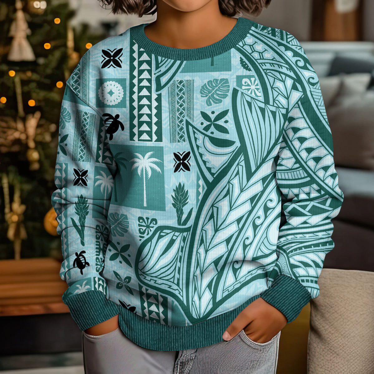 Samoa Tapa Kid Ugly Christmas Sweater Siapo Mix Tatau Patterns - Teal LT7 - Polynesian Pride