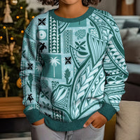 Samoa Tapa Kid Ugly Christmas Sweater Siapo Mix Tatau Patterns - Teal LT7 - Polynesian Pride