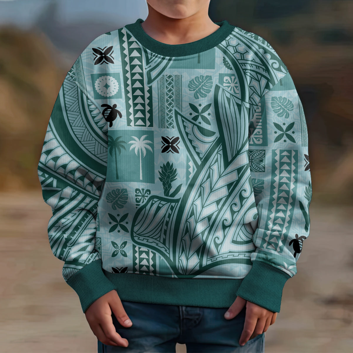 Samoa Tapa Kid Ugly Christmas Sweater Siapo Mix Tatau Patterns - Teal LT7 - Polynesian Pride