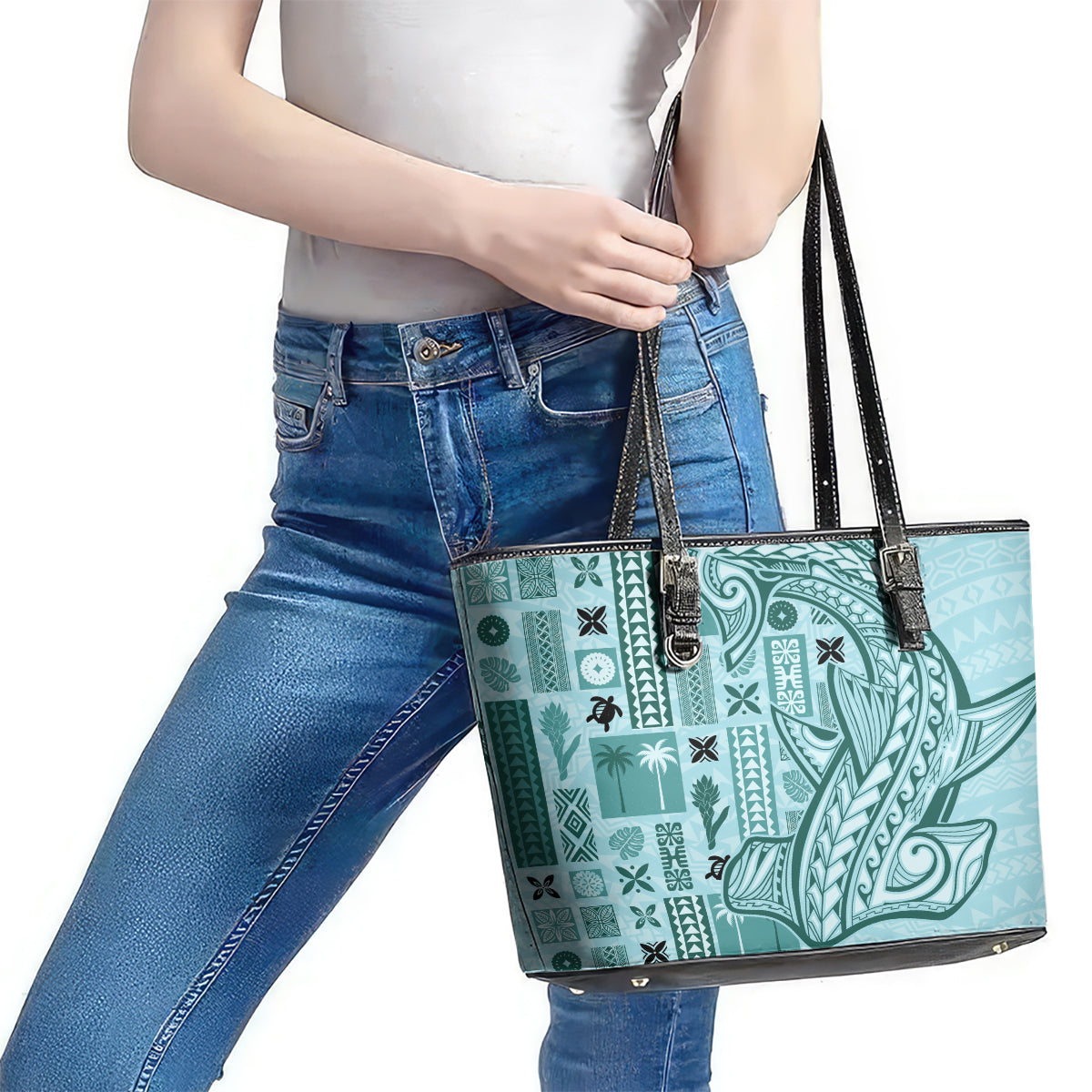 Samoa Tapa Leather Tote Bag - Siapo Mix Tatau Patterns Teal LT7 - Polynesian Pride