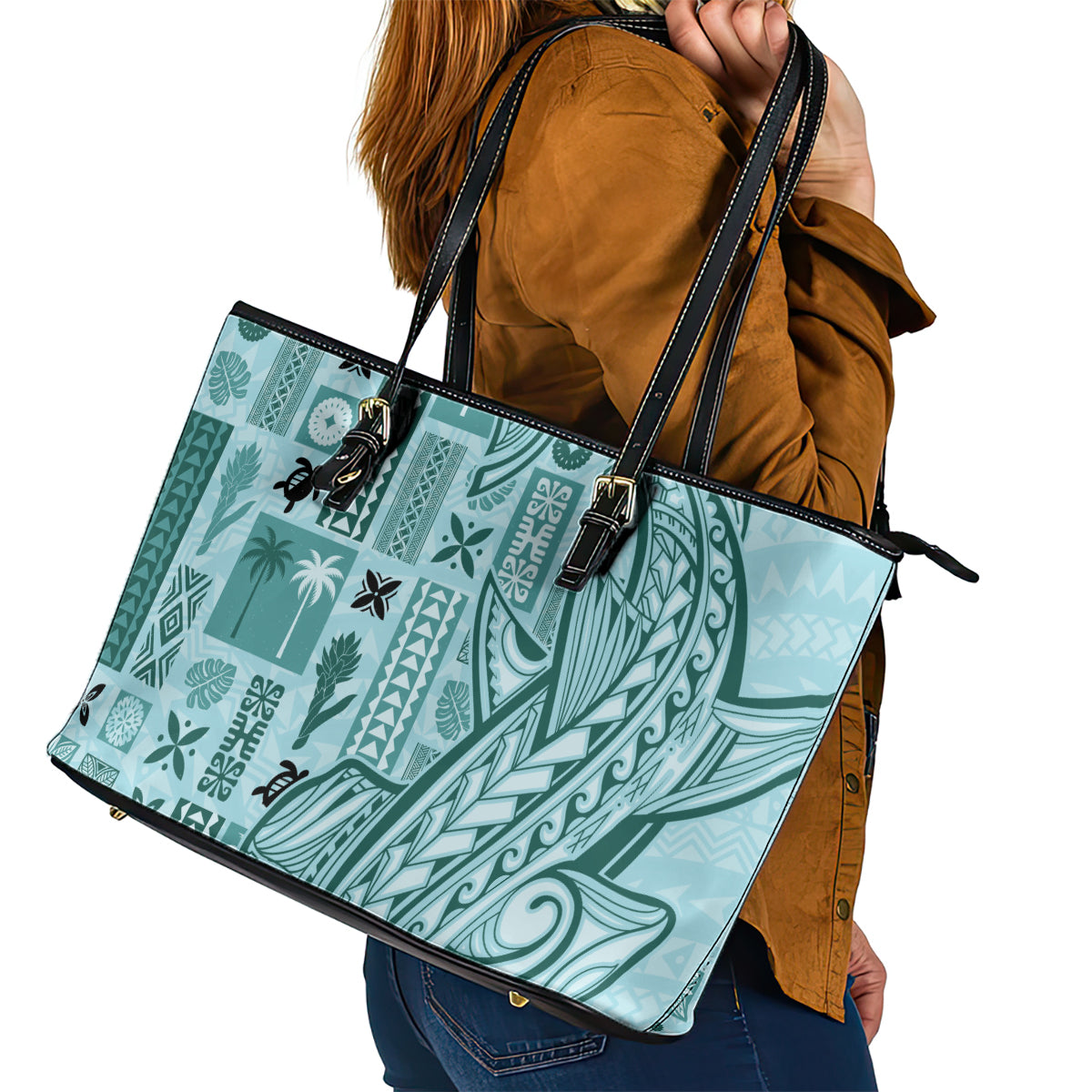 Samoa Tapa Leather Tote Bag - Siapo Mix Tatau Patterns Teal LT7 - Polynesian Pride