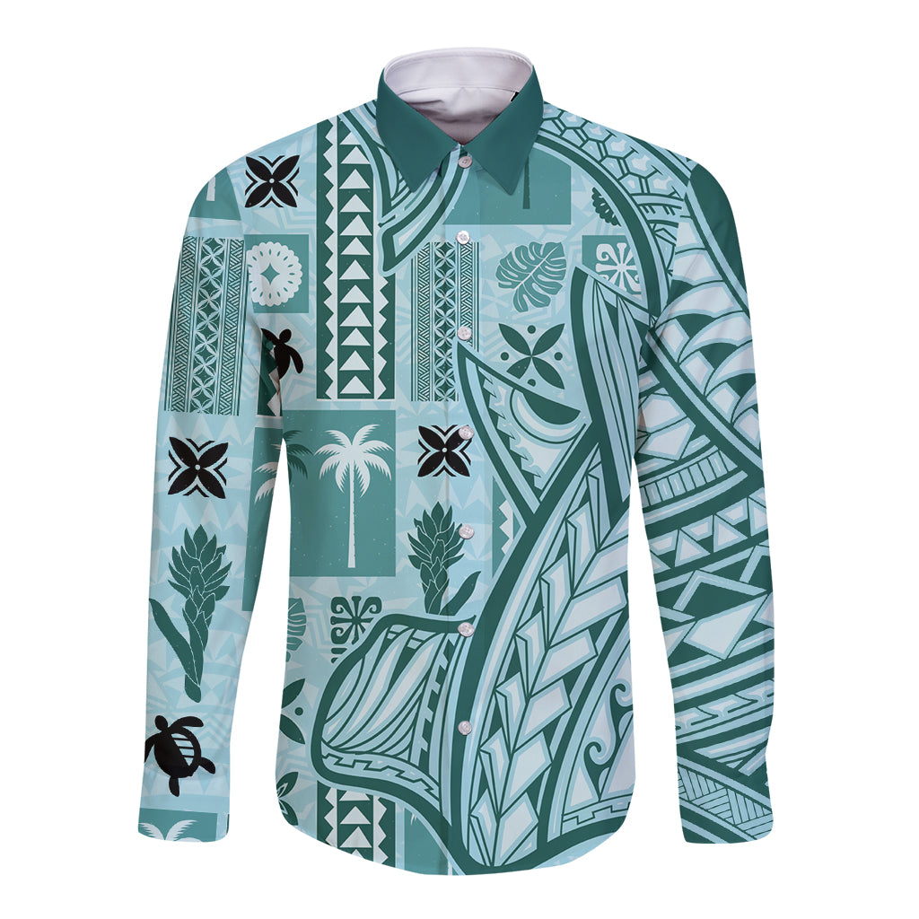 Samoa Tapa Long Sleeve Button Shirt Siapo Mix Tatau Patterns - Teal LT7 Unisex Teal - Polynesian Pride