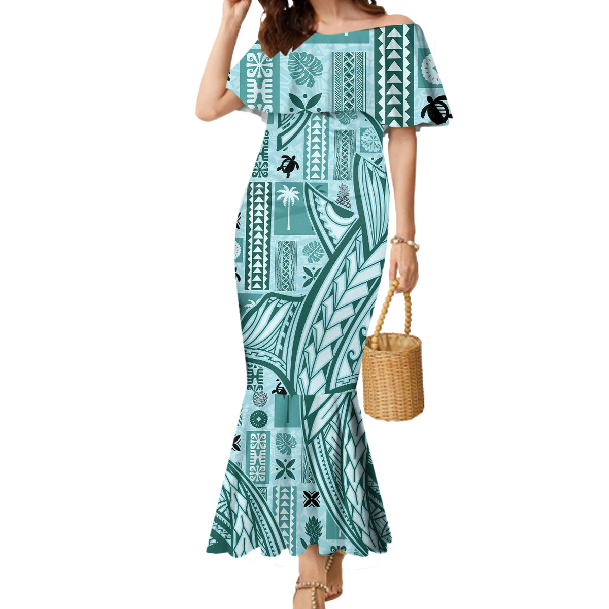 Samoa Tapa Mermaid Dress Siapo Mix Tatau Patterns - Teal LT7 Women Teal - Polynesian Pride