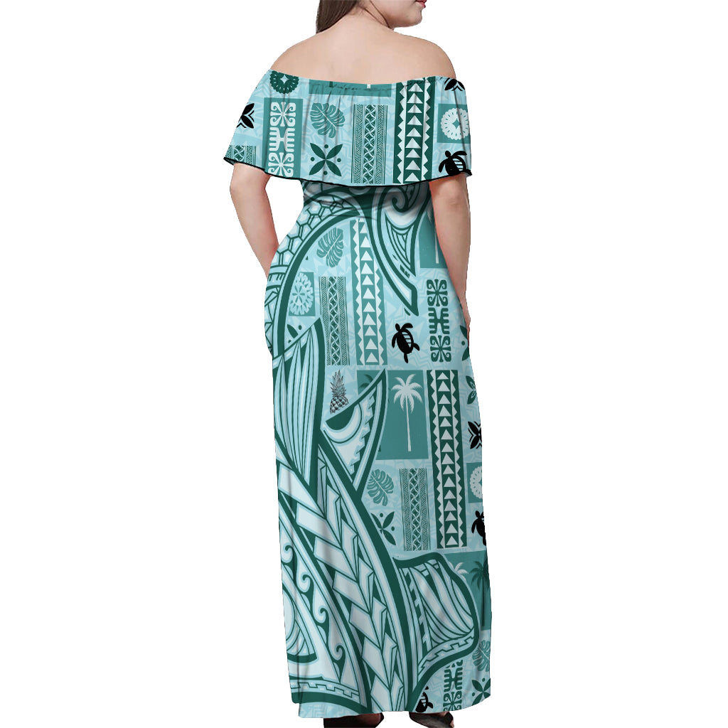 Samoa Tapa Off Shoulder Maxi Dress Siapo Mix Tatau Patterns - Teal LT7 - Polynesian Pride
