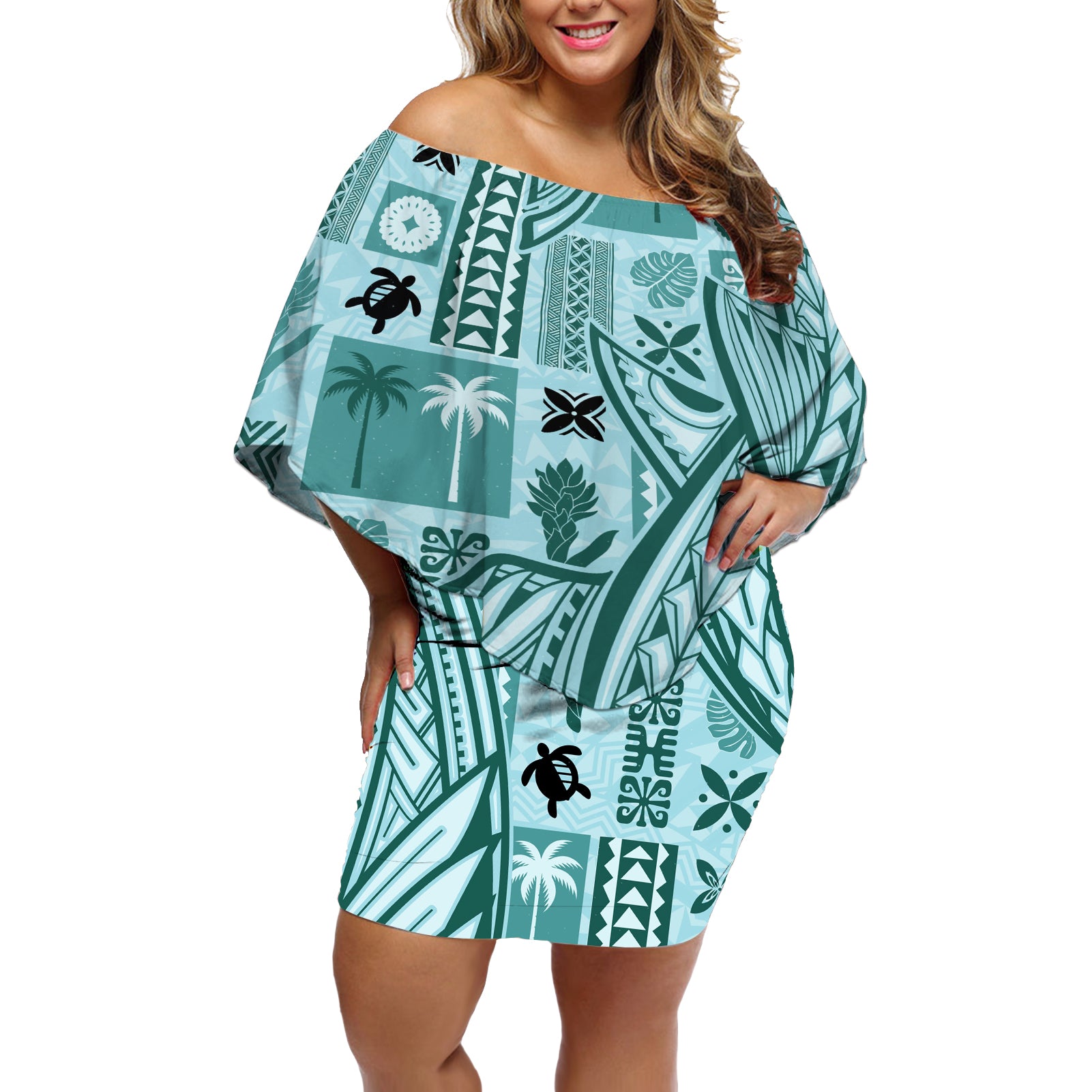 Samoa Tapa Off Shoulder Short Dress Siapo Mix Tatau Patterns - Teal LT7 Women Teal - Polynesian Pride