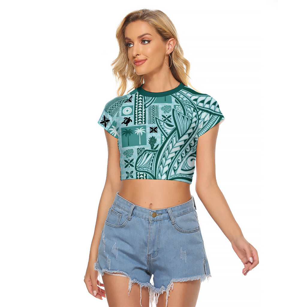 Samoa Tapa Raglan Cropped T Shirt Siapo Mix Tatau Patterns - Teal LT7 Female Teal - Polynesian Pride