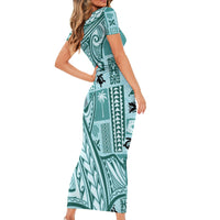 Samoa Tapa Short Sleeve Bodycon Dress Siapo Mix Tatau Patterns - Teal LT7 - Polynesian Pride