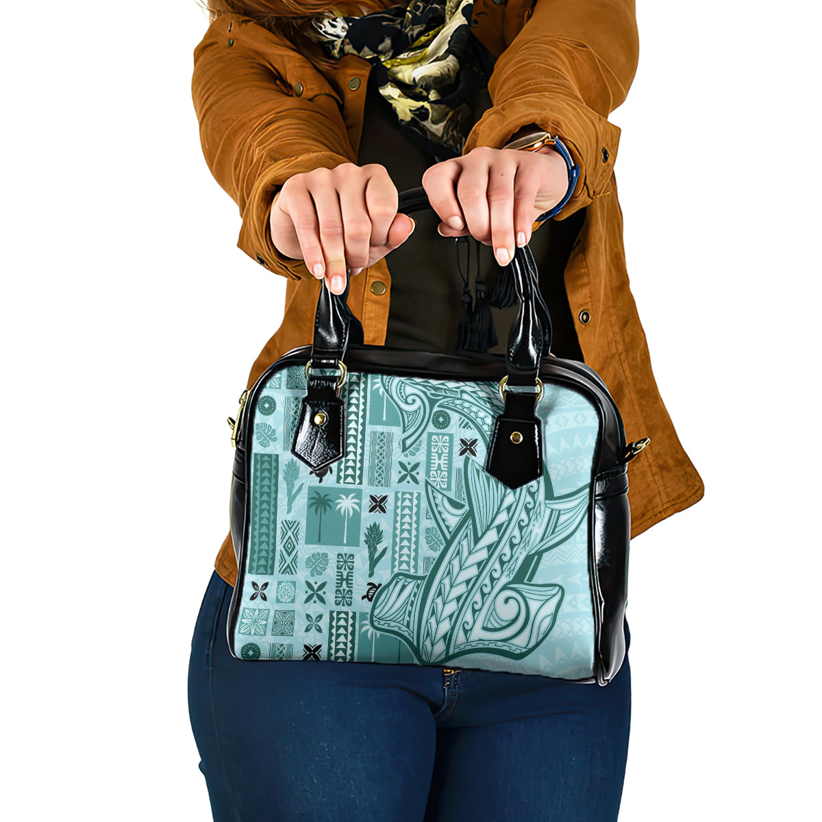 Samoa Tapa Shoulder Handbag Siapo Mix Tatau Patterns - Teal LT7 One Size Teal - Polynesian Pride