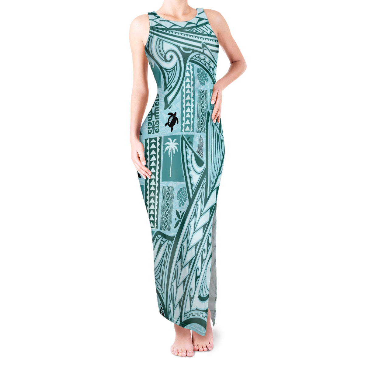 Samoa Tapa Tank Maxi Dress Siapo Mix Tatau Patterns - Teal LT7 Women Teal - Polynesian Pride