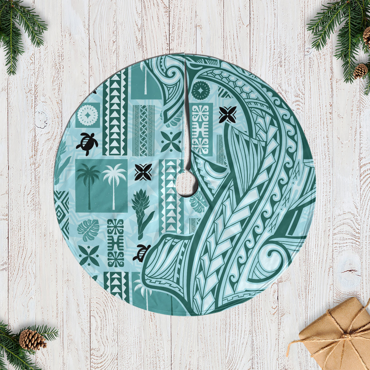 Samoa Tapa Tree Skirt Siapo Mix Tatau Patterns - Teal LT7 Casual Tree Skirts Teal - Polynesian Pride