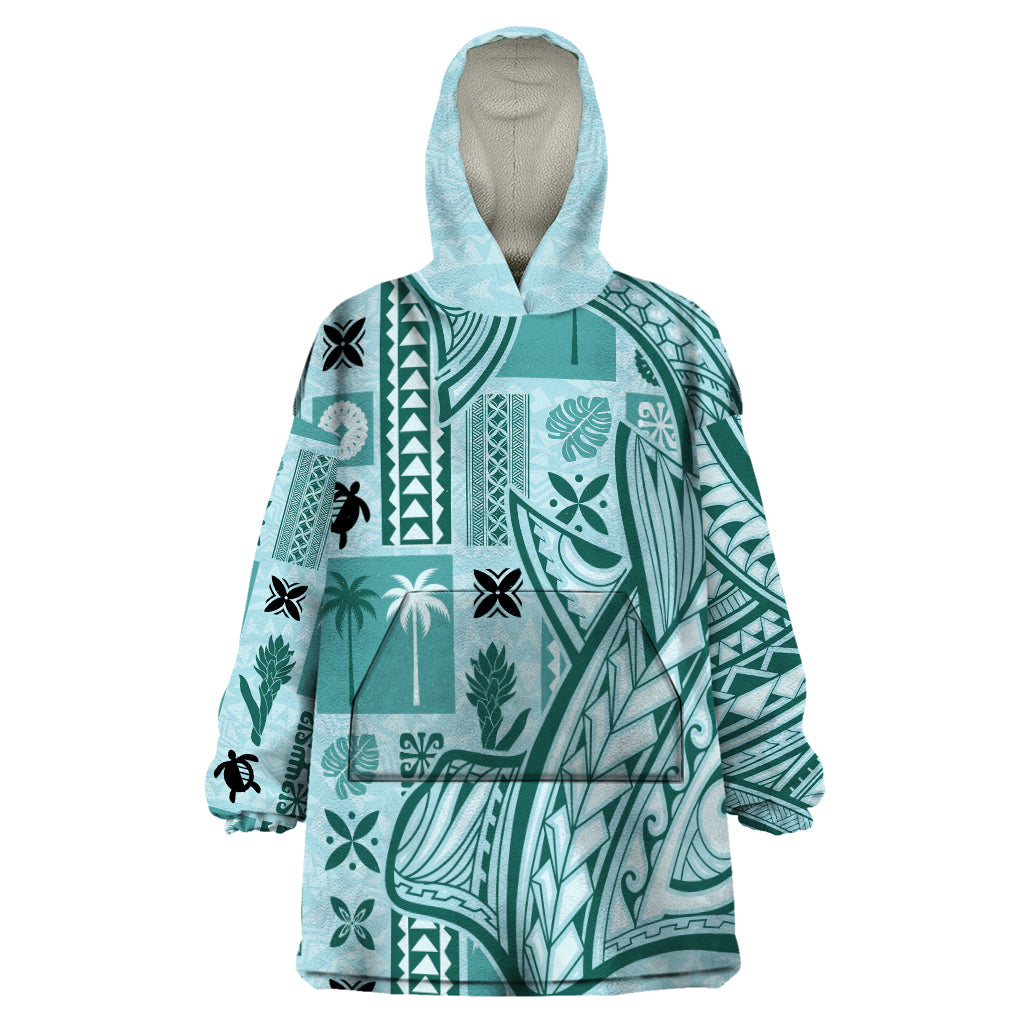 Samoa Tapa Wearable Blanket Hoodie Siapo Mix Tatau Patterns - Teal LT7 One Size Teal - Polynesian Pride