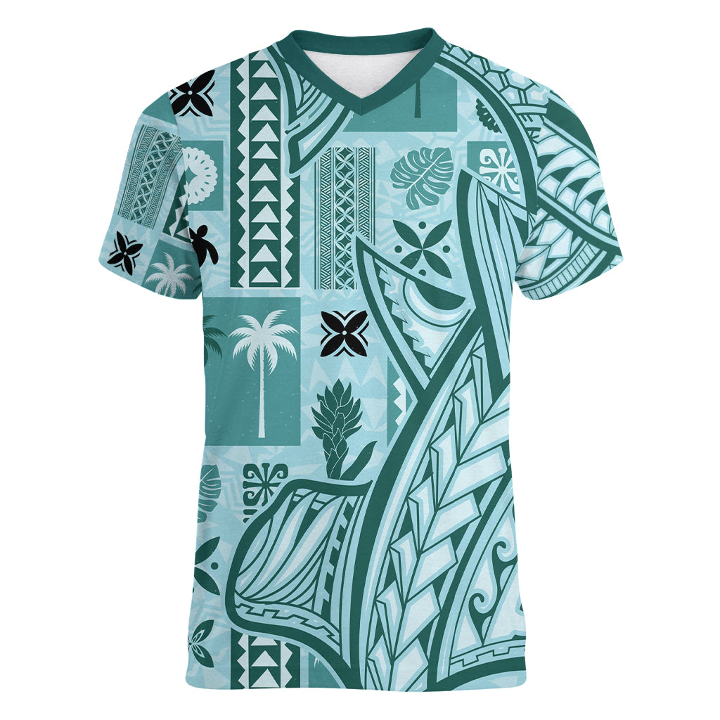 Samoa Tapa Women V Neck T Shirt Siapo Mix Tatau Patterns - Teal LT7 Female Teal - Polynesian Pride