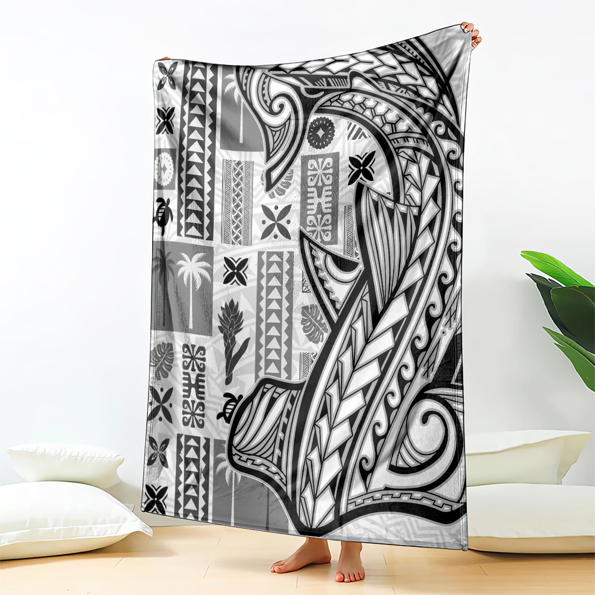 Samoa Tapa Blanket Siapo Mix Tatau Patterns - White LT7 White - Polynesian Pride