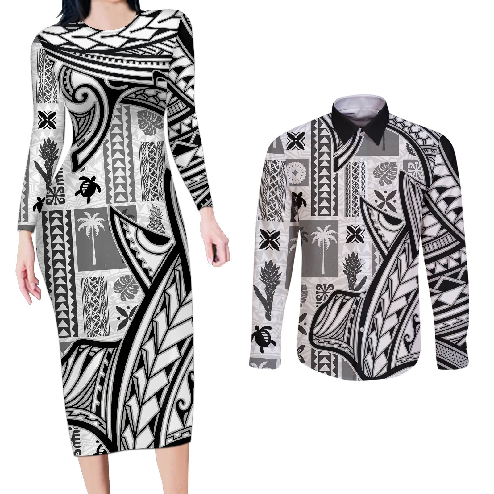 Samoa Tapa Couples Matching Long Sleeve Bodycon Dress and Long Sleeve Button Shirt Siapo Mix Tatau Patterns - White LT7 White - Polynesian Pride