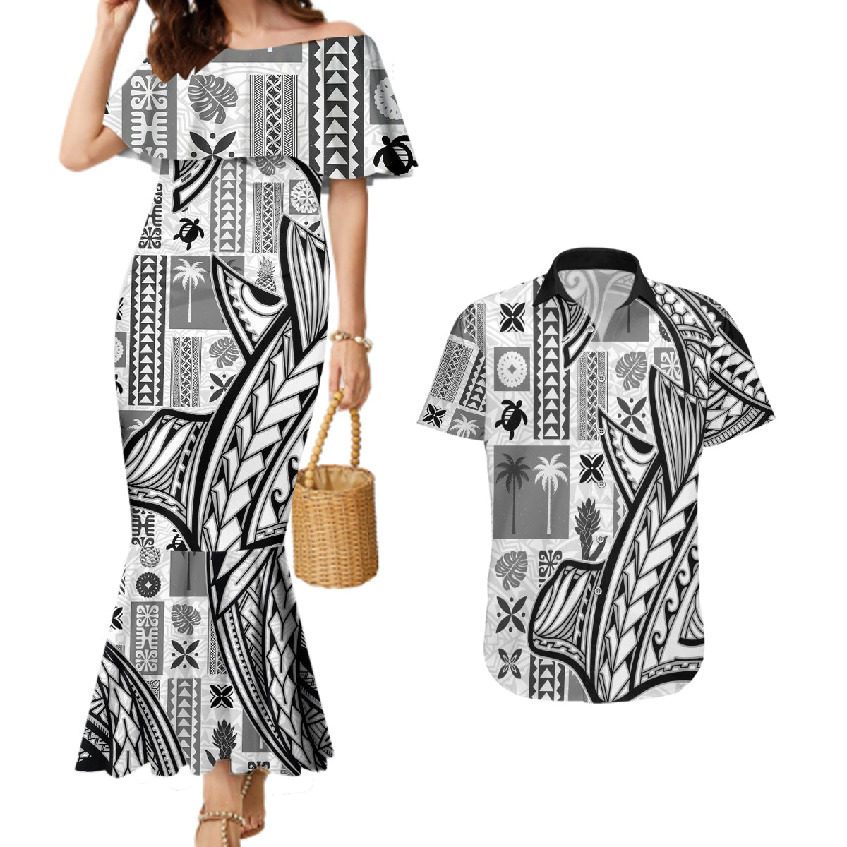 Samoa Tapa Couples Matching Mermaid Dress and Hawaiian Shirt Siapo Mix Tatau Patterns - White LT7 White - Polynesian Pride