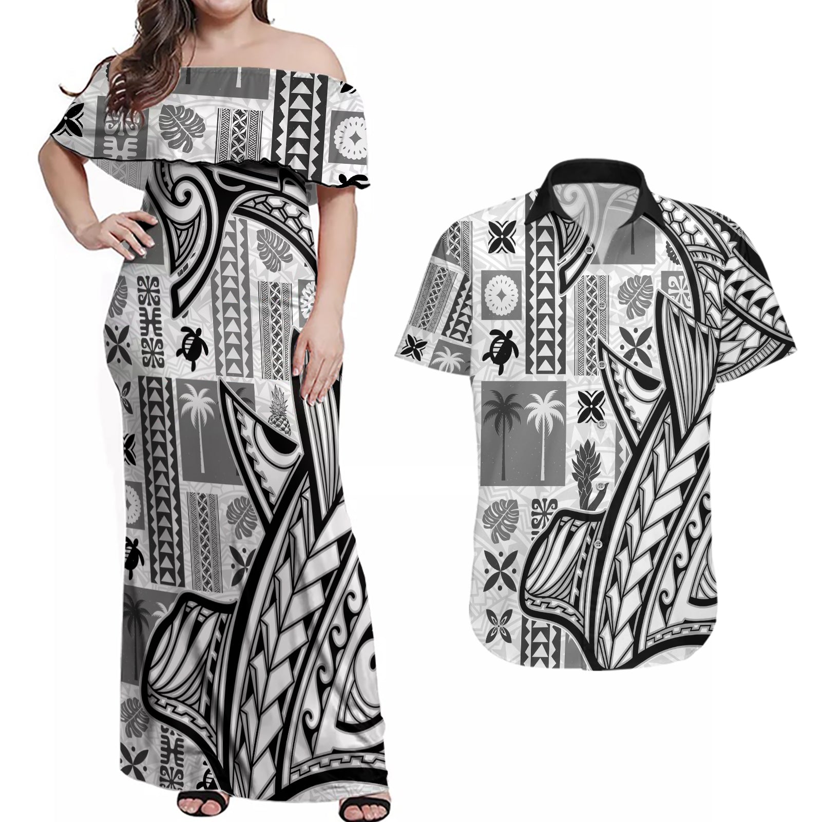 Samoa Tapa Couples Matching Off Shoulder Maxi Dress and Hawaiian Shirt Siapo Mix Tatau Patterns - White LT7 White - Polynesian Pride